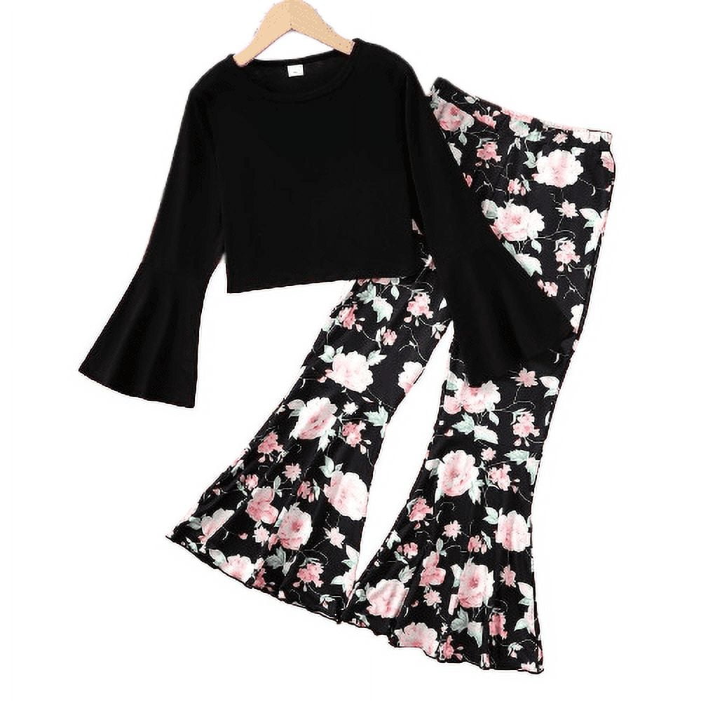 Kids Girls Pants Sets Solid Color 10 Years Big Girls Long Pagoda Sleeve Tops Floral Print Bell-bottomed Pants 2Pcs Outfits Black