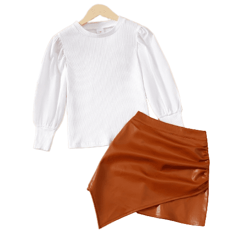 Mikrdoo Kids Girls Skirts Sets Bubble Long Sleeve Blank Tee Irregular PU Skirts 2Pcs Spring Autumn Clongthing From 5Y-14Y White