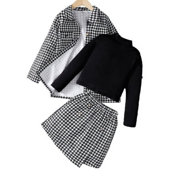 Mikrdoo Kids Girls Skirts Sets High Collar Solid Color Long Sleeve Shirt Spring Autumn Houndstooth Coat Irregular Skirts 3Pcs Clothing From 5Y-14Y Black
