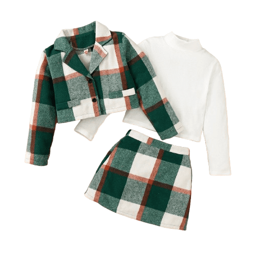 Mikrdoo Kids Girls Thicken Plaid Cropped Coat Mock Neck Knitted Long Sleeve Shirt Skirts 3Pcs Clothing Set From 7Y-14Y Green
