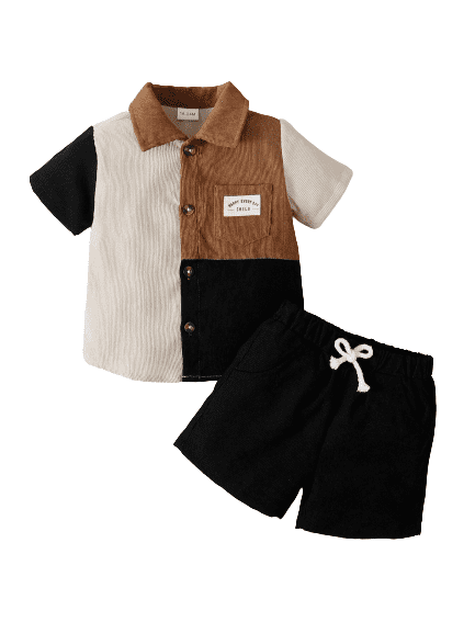 Little Boys Clothes OOTD Summer 5 Years Boys Splice Pocket 6 Years Boys Turn-down Collar Shirt Elastic Shorts 2Pcs Preschool Outfits Black