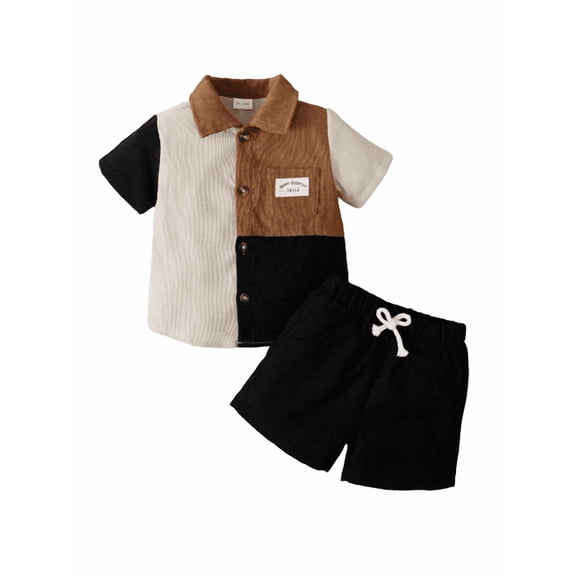 Mikrdoo Little Boys Clothes OOTD Summer 5 Years Boys Splice Pocket 6 Years Boys Turn-down Collar Shirt Elastic Shorts 2Pcs Preschool Outfits Black