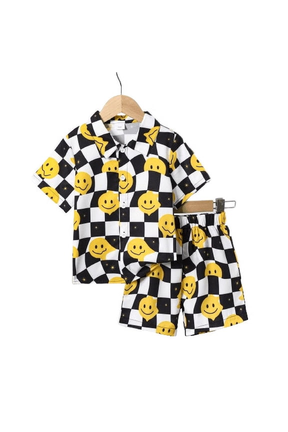 Little Boys Clothes Boys Outfits 5 Years Boys Checker Print Smiling Face Pattern 6 Years Turn-down Collar Shirt Elastic Shorts 2Pcs Summer OOTD Black