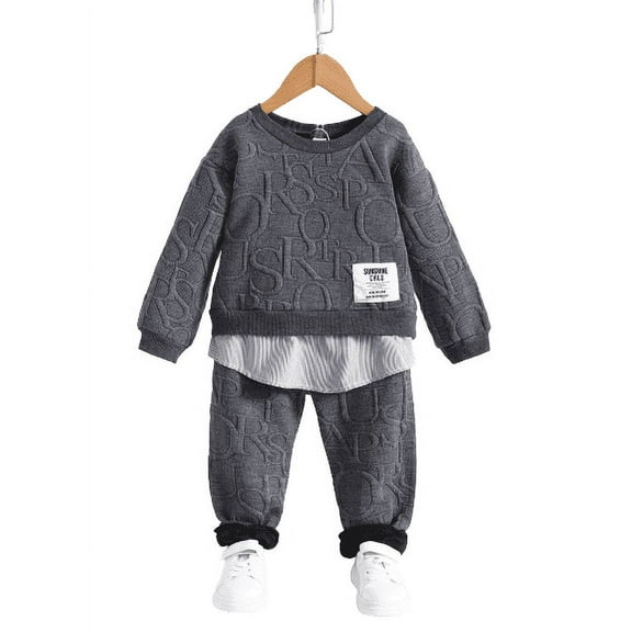 Mikrdoo Little Boys Outfits Boys OOTD Jacquard 5 Years Boys Long Sleeve Tops 6 Years Boys Pants 2Pcs Clothes Set Gray