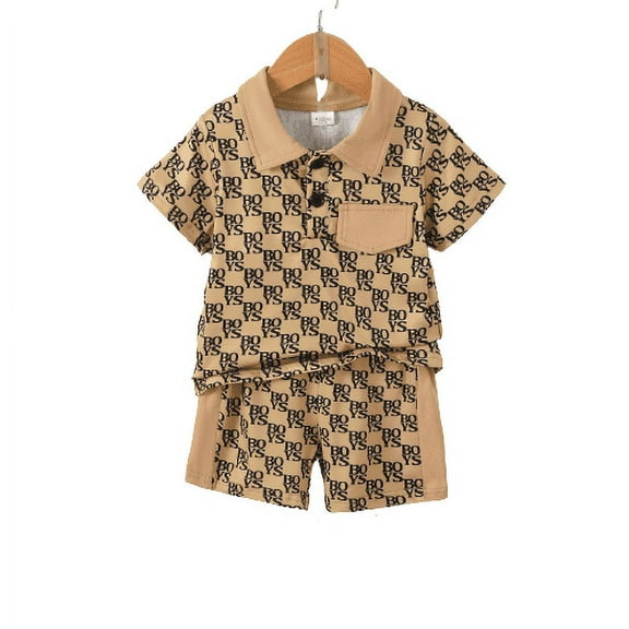 Mikrdoo Little Boys Summer Clothes "BOYS" Letter Graphics 5 Years Kid Boys Full Print Turn-down Collar 6 Years Boys Pocket Shirts Elastic Shorts 2Pcs Outfit Sets Apricot