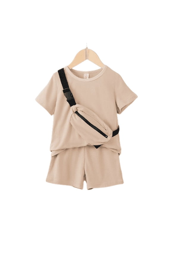 Little Boys Summer Clothes Boys OOTD Solid Color 5 Years Boys Shirt 6 Years Boys Elatsic Shorts With Satchel 3Pcs Outfits Kakhi