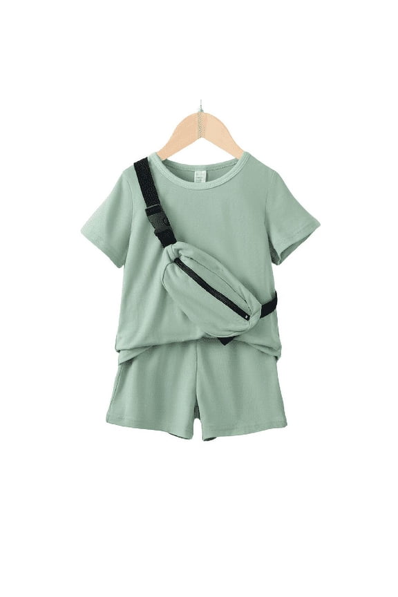 Little Boys Summer Clothes Boys OOTD Solid Color 6 Years Boys Shirt 7 Years Boys Elatsic Shorts With Satchel 3Pcs Outfits Green