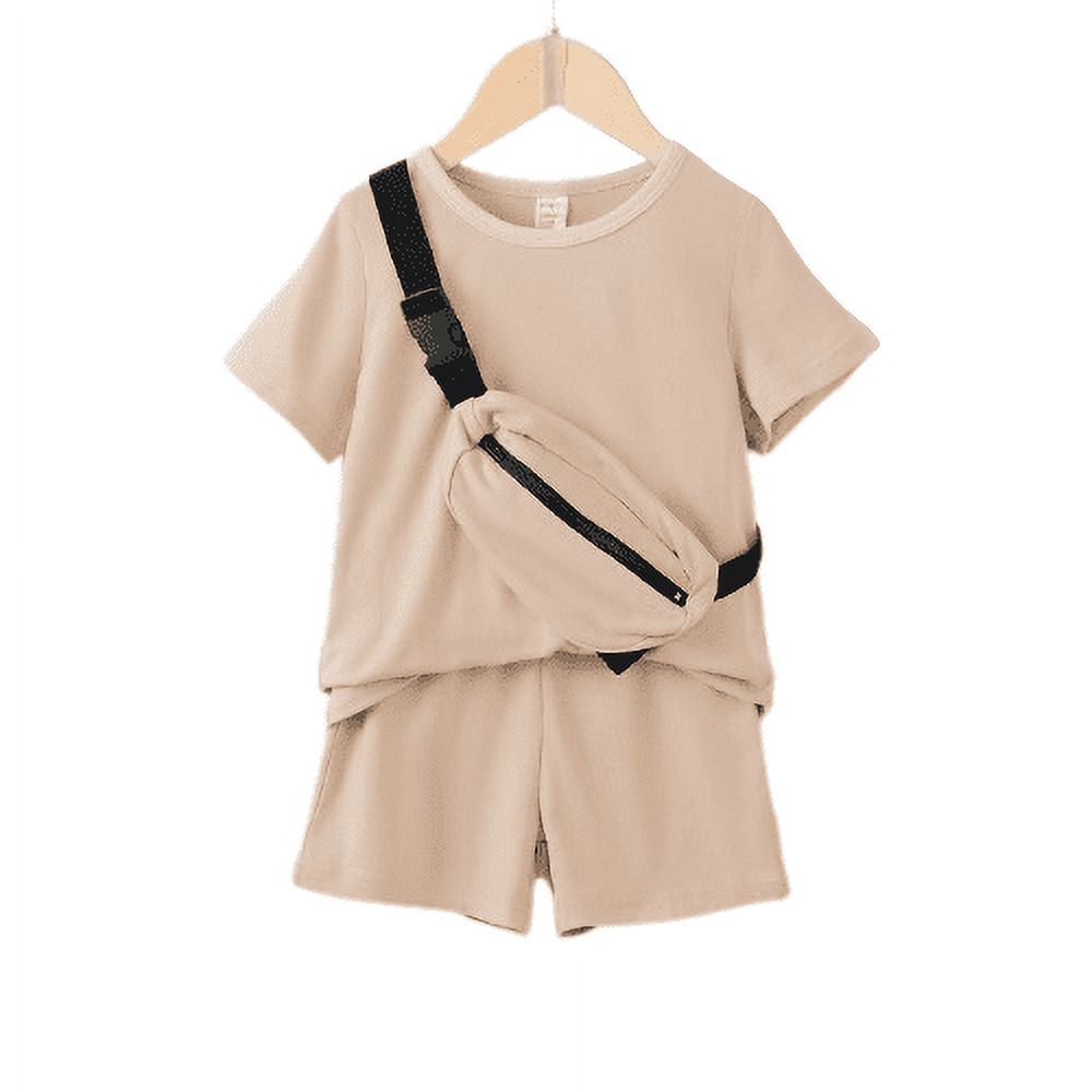 Little Boys Summer Clothes Boys OOTD Solid Color 6 Years Boys Shirt 7 Years Boys Elatsic Shorts With Satchel 3Pcs Outfits Kakhi