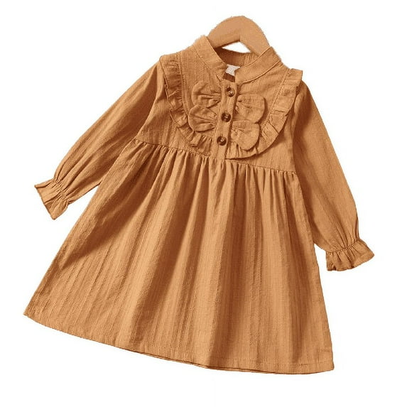 Mikrdoo Little Girls Dress 5 Years Girls Solid Color 6 Years Baby Girls Stand-up Collar Dress One Piece Fall Winter Dress Yellow