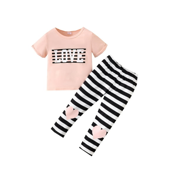 Mikrdoo Little Girls Outfits Letter Graphics Short Sleeve Casual Tops Elastic Stripe Heart Print Pants 2Pcs Spring Autumn Clothing Sets 5-6 Years Pink
