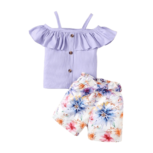 Mikrdoo Little Girls Outfits Short Sets Lotus Leaf Collar Straps Solid Color Tops Elastic Floral Print Shorts 2Pcs Summer Clothing 6 Years Purple
