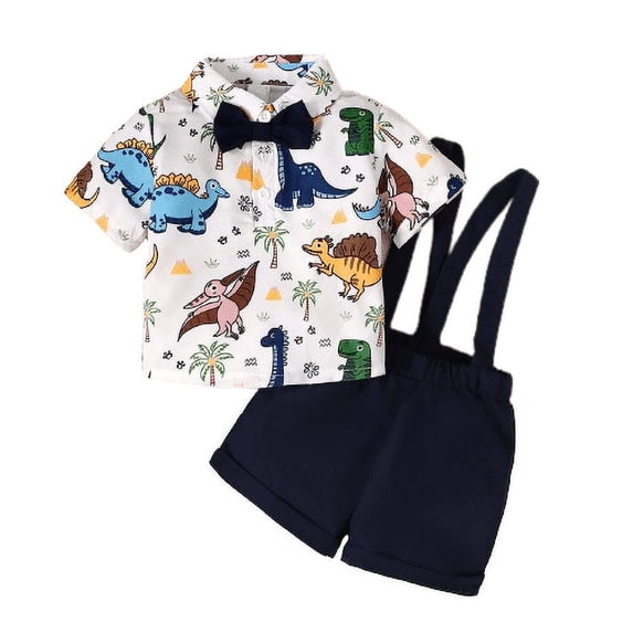 Mikrdoo Newborn Baby Boys Clothes Baby OOTD Dinosaur Bow Tie Turn-down Collar Shirt Straps Suspender Shorts 2PCS Outfits Blue 9-12 Months