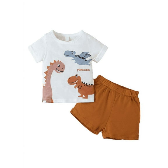 Mikrdoo Newborn Baby Boys Clothes Boys Summer Outfits 6 Months Boys Dinosaur Print Tops 9 Months Boys Elastic Shorts 2Pcs OOTD White
