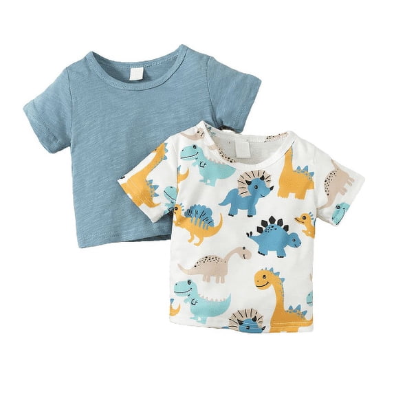 Mikrdoo Newborn Baby Boys Clothes Solid Color Summer Shirts+Dinosaur Print Short Sleeve Shirrs 2Pcs Set White&Blue 6-9 Months