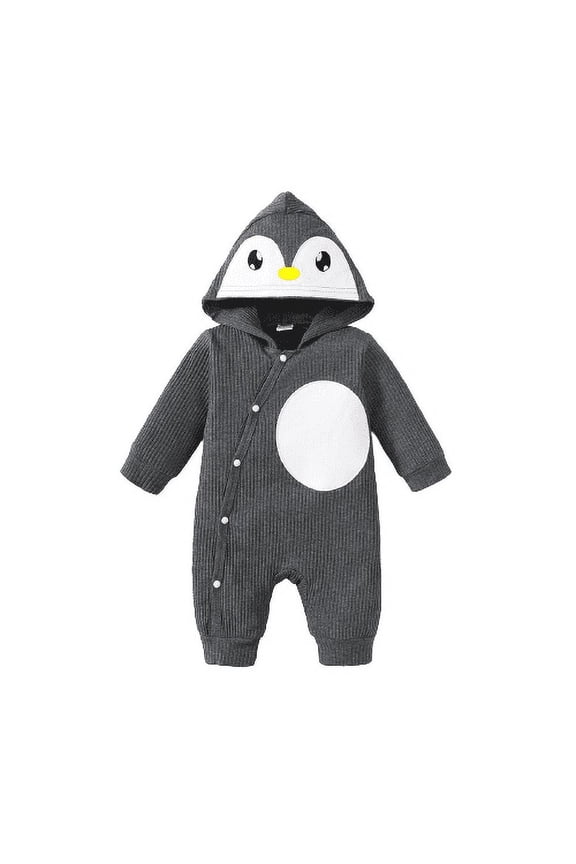 Newborn Baby Boys Romper 0 Months Baby Boys Penguin Image Jumpsuit 1 Months Baby Boys Single Breasted Design Hoodies One Piece Bodysuit Gray