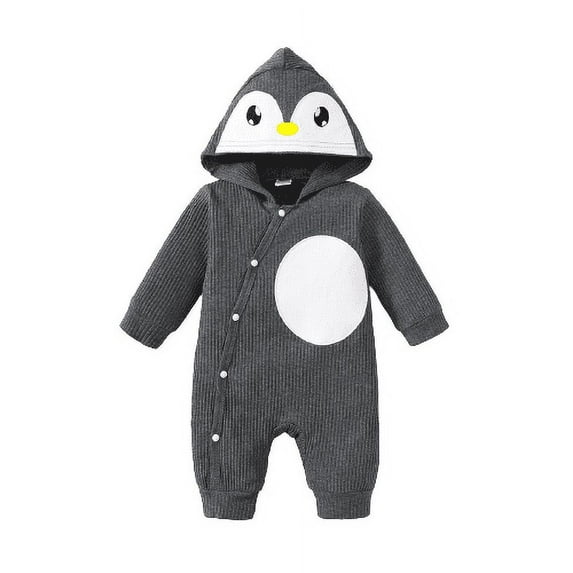 Mikrdoo Newborn Baby Boys Romper 3 Months Baby Boys Penguin Image Jumpsuit 6 Months Baby Boys Single Breasted Design Hoodies One Piece Bodysuit Gray