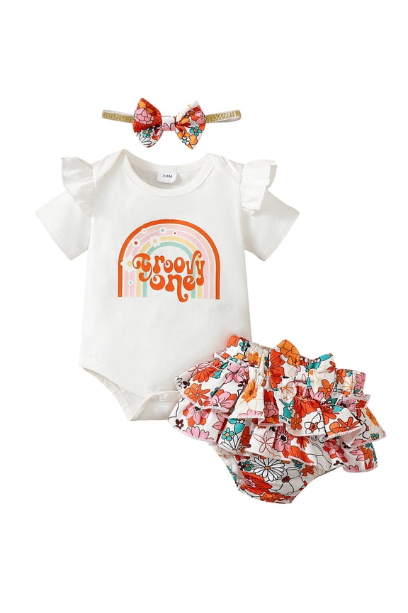 Newborn Baby Girls Clothes Girls Outfits Rainbow Pattern Letter Graphics Ruffle Romper Floral Skirts Headband 3Pcs Summer OOTD White 1-3 Months