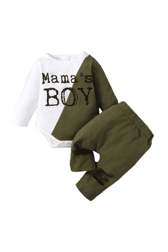 Newborn Boys Outfits 0 Months Baby Boys "Mama's BOY" Print Splice Romper 3 Months Boys Elastic Ripped Pants 2Pcs Clothes Set Green