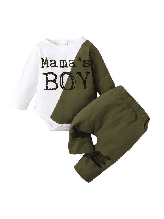 Newborn Boys Outfits 3 Months Baby Boys "Mama's BOY" Print Splice Romper 6 Months Boys Elastic Ripped Pants 2Pcs Clothes Set Green