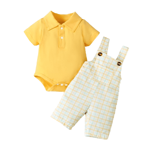 Mikrdoo Newborn Boys Outfits Summer Solid Color Turn-down Collar Romper Tops Plaid Suspender Pants 2Pcs Clothes,As Gift
