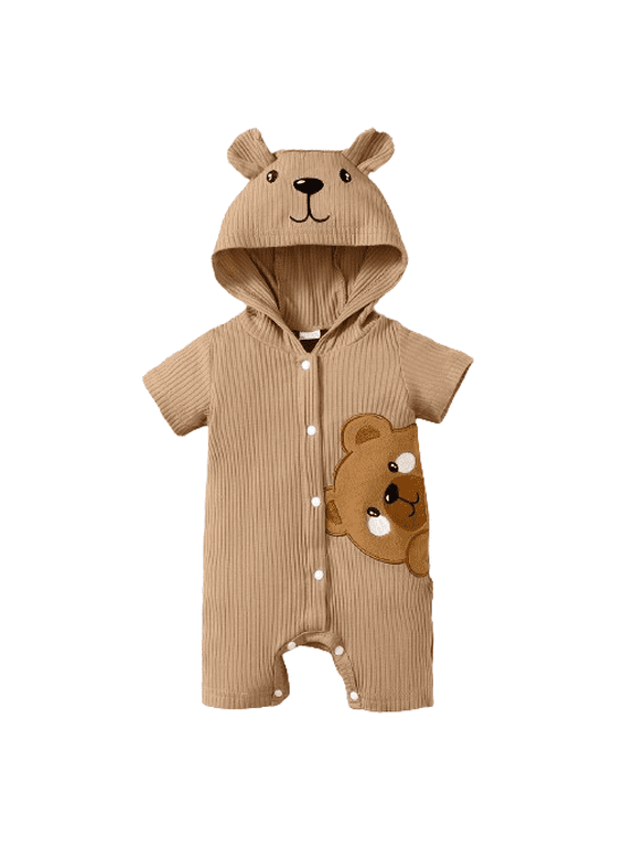 Newborn Boys Romper Cute Bear Print Single Breasted Design Hoodies Summer Bodysuits 3-6 Months Khaki