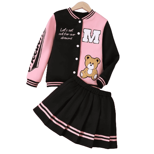 Mikrdoo Preppy Suit 2Pcs, Girl's Sweet Bear Print Long-Sleeve Jacket Top + Pleated Skirt - Ideal For School Casual Outings, Fall Winter Clothes, As Gift