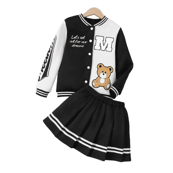 Mikrdoo Preppy Suit 2Pcs, Girl's Sweet Bear Print Long-Sleeve Jacket Top + Pleated Skirt - Ideal For School Casual Outings, Fall Winter Clothes, As Gift