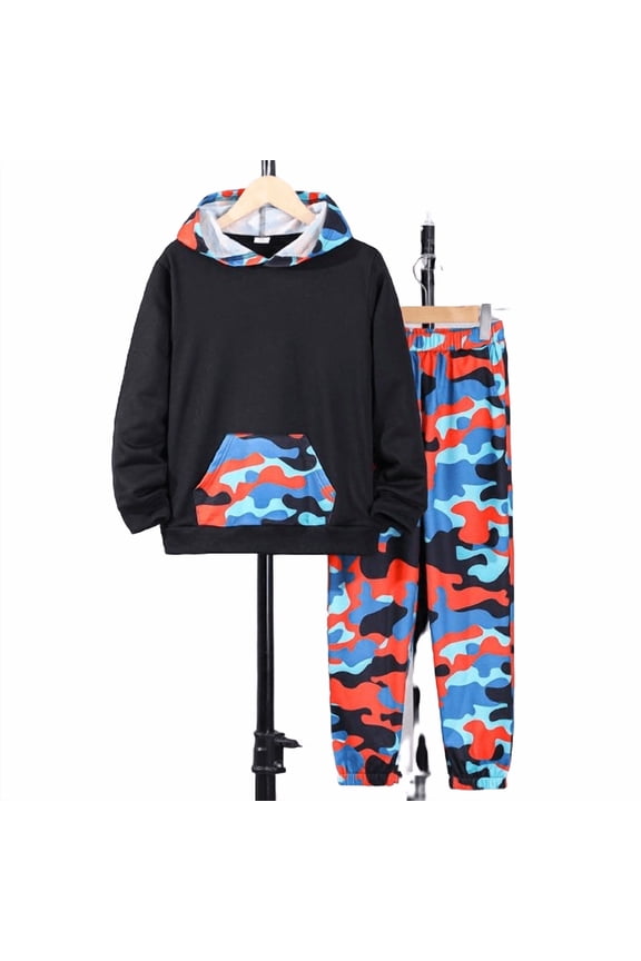 Spring Fall Clothes For Kid Boy Colorful Camo Pattern Pocket Long Sleeve Pullover Hoodie Jogger Pants 2Pcs Casual Co Ord Set 7-15