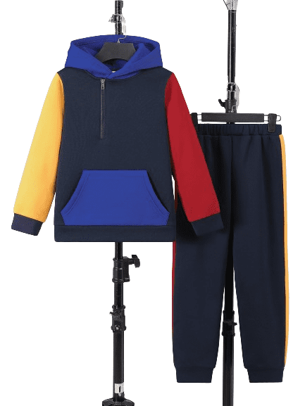 Mikrdoo Stylish Fall Winter Outfit for 9-10 Years Kids Boys: Color Block Half-zip Hooded & Long Pants Set 2Pcs From 7Y-14Y