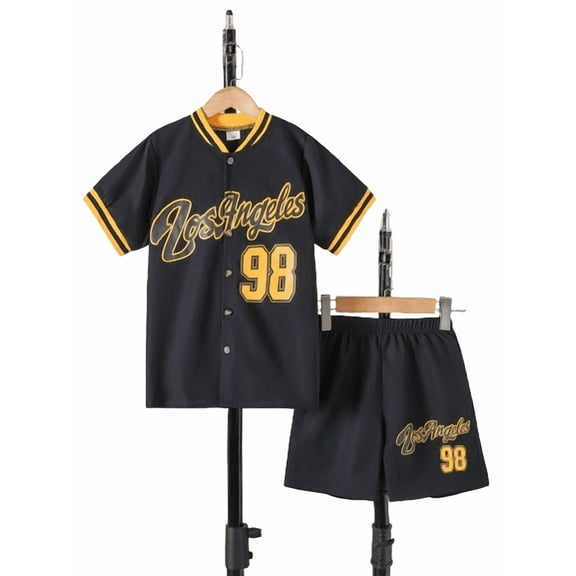 Mikrdoo Summer Clothes For 7-8 Years Big Boys Letter Number Print Buttons Shirts Activewear Shorts 2Pcs Baseball Outfit
