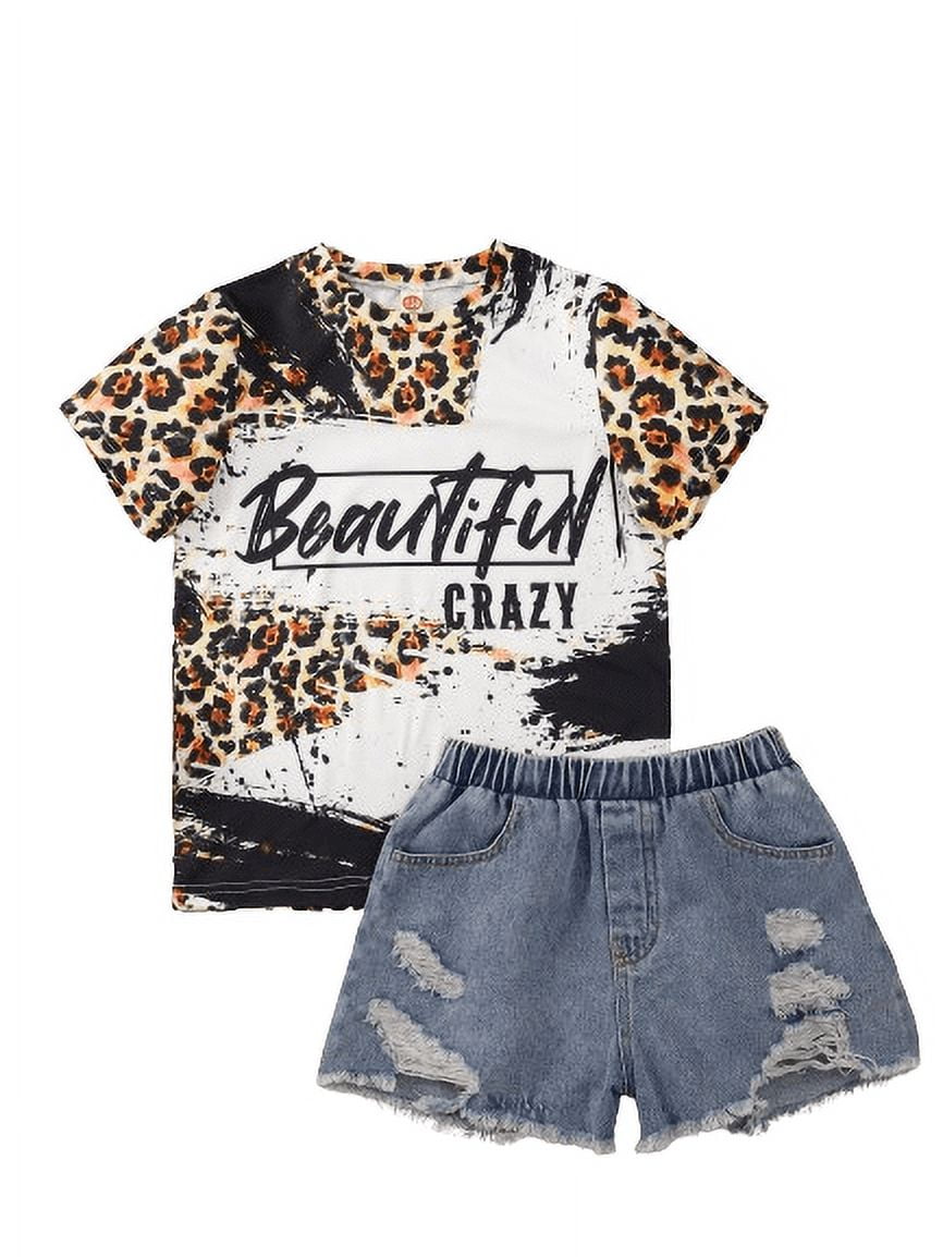 Summer Clothes For 9-10 Years Big Girls Kid Girls Vintage Leopard 'Beautiful Crazy' Animal Print T-Shirt Ripped Denim Shorts Set 2Pcs Outfits