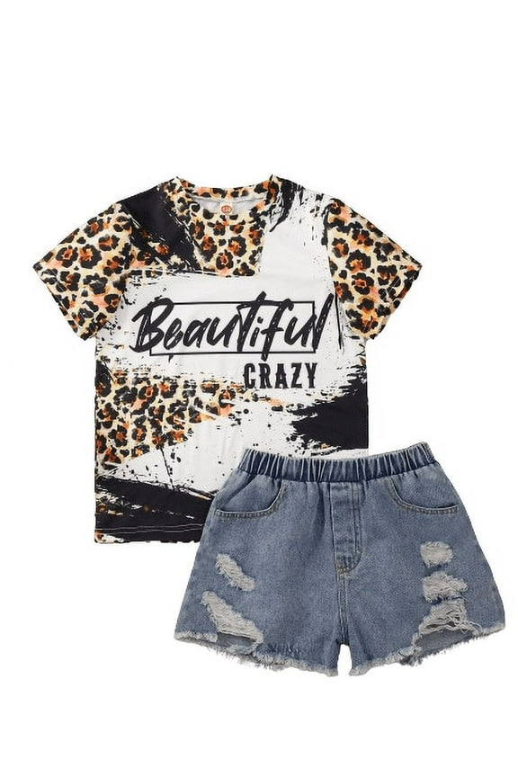 Summer Clothes For 9-10 Years Big Girls Kid Girls Vintage Leopard 'Beautiful Crazy' Animal Print T-Shirt Ripped Denim Shorts Set 2Pcs Outfits
