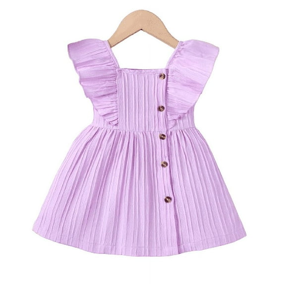 Mikrdoo Summer Dress For 18 Months Baby Girls Solid Color 24 Months Baby Girls Sleeveless Buttons Ruffle Tatting Dress One Piece Casual Dress Purple