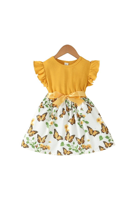 Summer Dress For 5 Years Kid Girls Butterfly Print Splice Sleeveless Tie Front Dress One Piece Casual Dress From 1Y-8Y Yellow