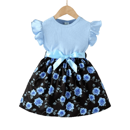 Mikrdoo Summer Dress For 6 Years Kid Girls Rose Print Splice Sleeveless Tie Front Dress One Piece Casual Dress From 1Y-8Y Blue
