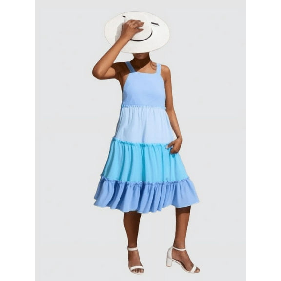 Mikrdoo Summer Dress For Kid Girls Color Block Straps Sleeveless Casual Dress One Piece Beach Vacation Dress Blue 13-14 Years