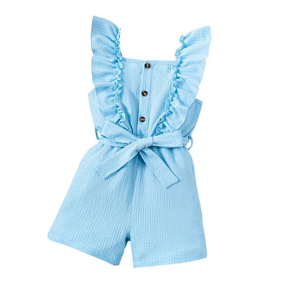 Mikrdoo Summer Jumpsuits For 4Y,5Y,6Y,7Y Kid Toddler Girls Solid Color Button Decor Ruffle Trim Sleeveless Casual Romper For Party Activities Gift