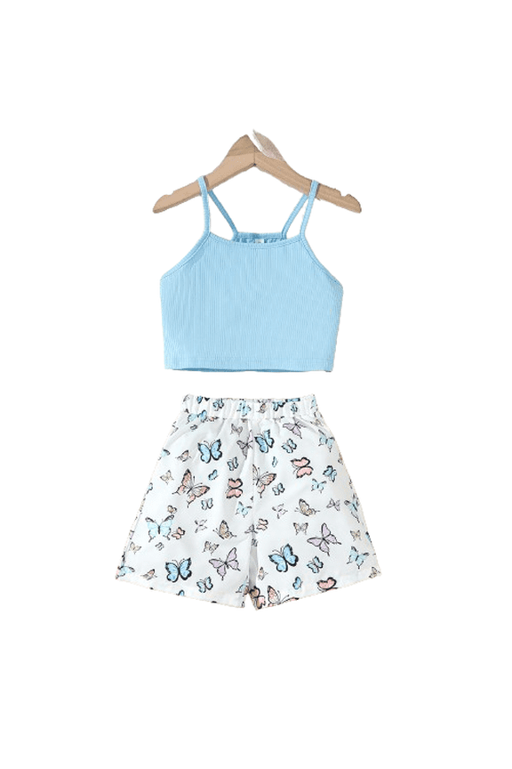 Summer Outfits For 10 Years Big Girls Straps Solid Color Tops Elastic Butterfly Shorts 2Pcs Casual Clothing Sets (8-12T,Blue)