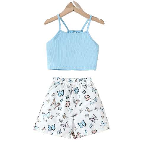 Mikrdoo Summer Outfits For 8 Years Big Girls Straps Solid Color Tops Elastic Butterfly Shorts 2Pcs Casual Clothing Sets (8-12T,Blue)