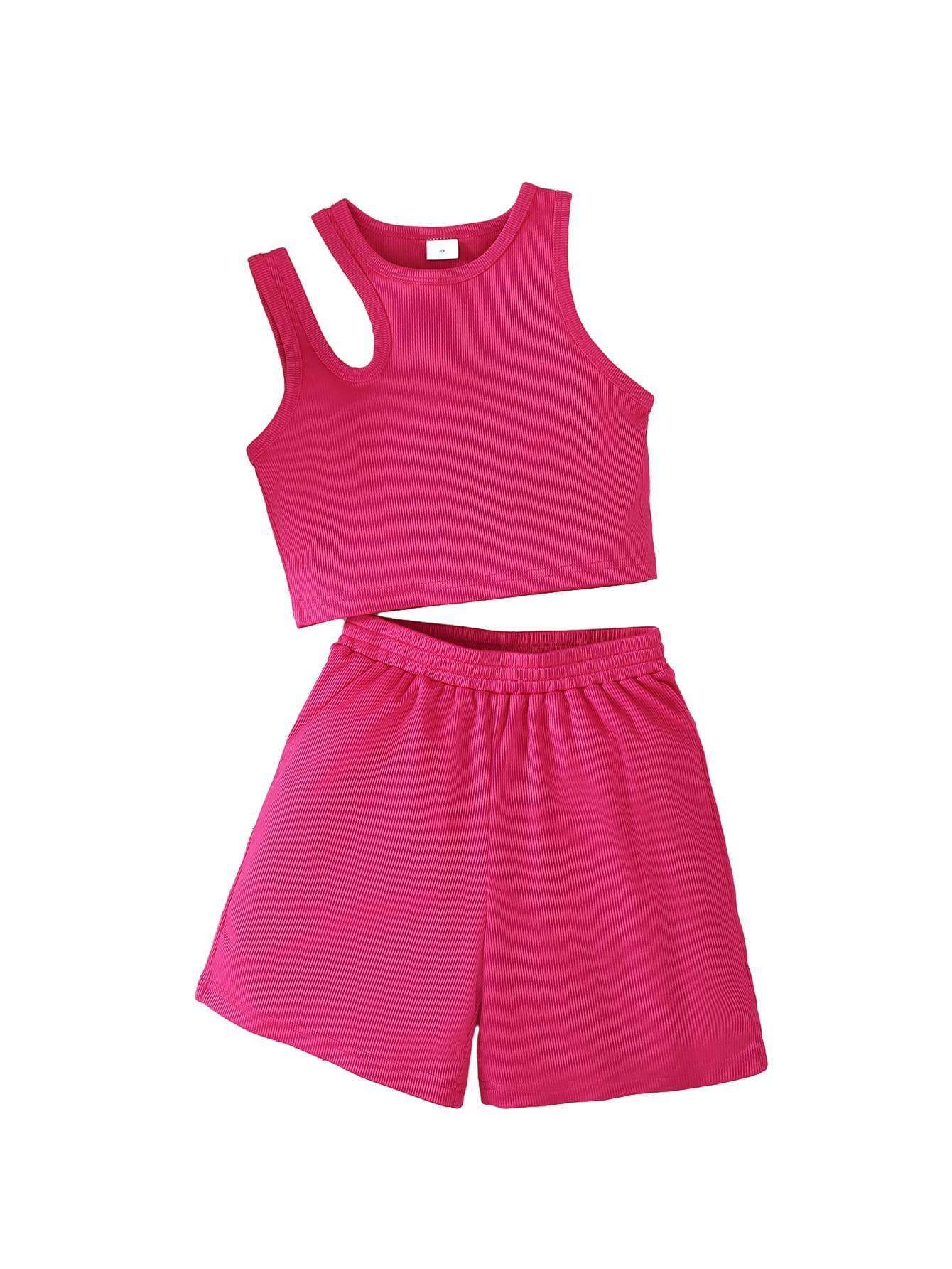 Mikrdoo Summer Outfits For 8Y,9Y,10Y,11-12Y,13-14Y Kid Girls Solid Color Sleeveless Irregular Shoulder Hollow Tops Elastic Shorts 2Pcs Ribbed Clothing Sets 9 Years Rose Red