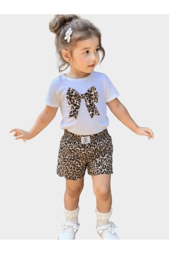 Summer Outfits For Baby Girls Front Bow Short Sleeve T-shirt Elastic Leopard Shorts 2Pcs Clothes White 18-24 Months