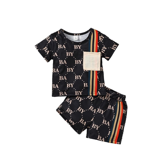 Mikrdoo Summer Outfits For Infant Baby Boys Letter Full Print Pocket Splice Short Sleeve T-shirt Elastic Shorts 2Pcs Clothing 18-24 Months Black