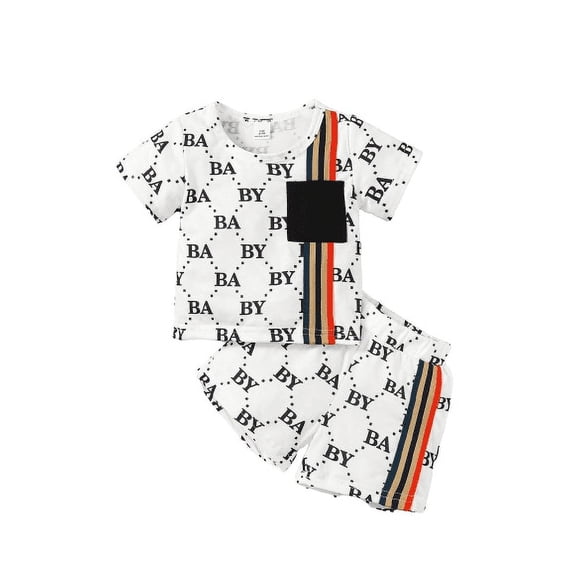 Mikrdoo Summer Outfits For Toddler Baby Boys Letter Full Print Pocket Splice Short Sleeve T-shirt Elastic Shorts 2Pcs Clothing 2-3 Years White