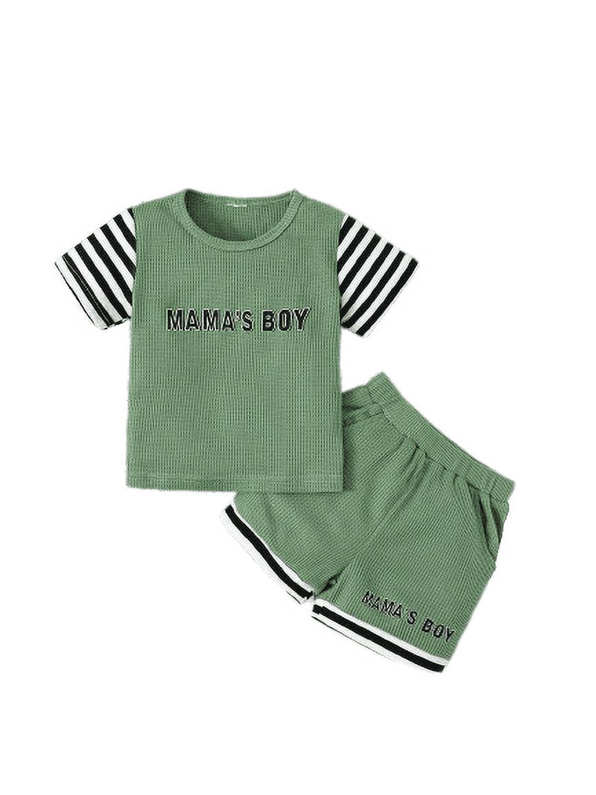 Summer Outfits For Toddler Boys Letter Graphics 4 Years Boys Splice Stripe Tee 5 Years Boys Elastic Shorts 2Pcs Clothes Set Green