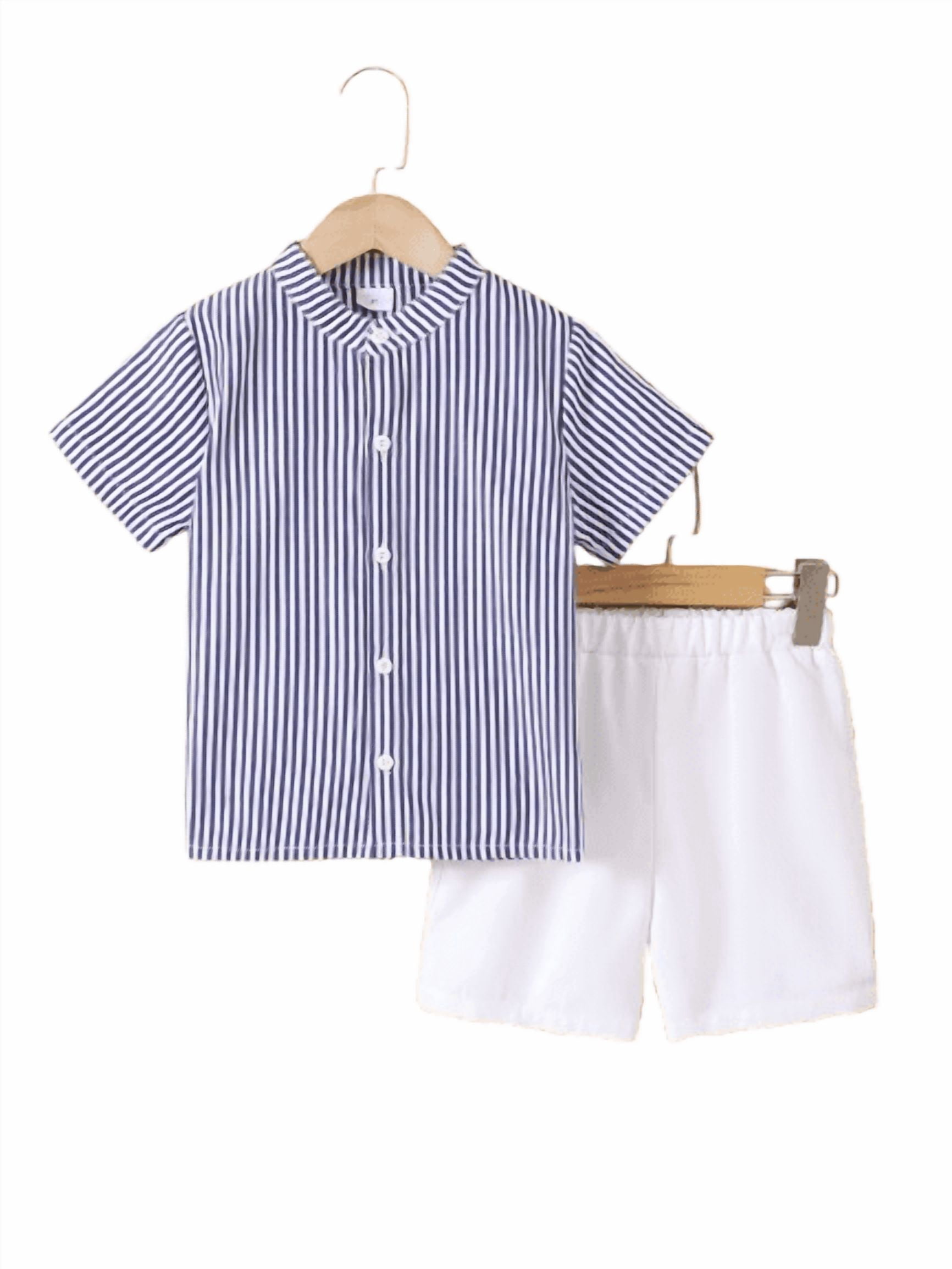 Toddler Baby Boys Clothes Stripes 3 Years Boys Summer Stand Collar Shirt 4 Years Boys Elastic Shorts 2Pcs Outfits Navy Blue