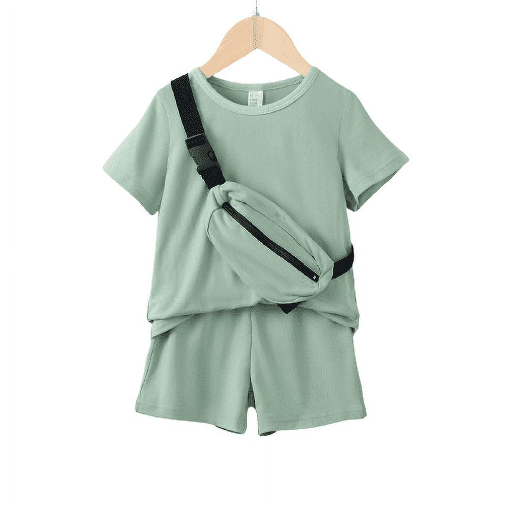 Toddler Baby Boys Summer Clothes Boys OOTD Solid Color 3 Years Boys Shirt 4 Years Boys Elatsic Shorts With Satchel 3Pcs Outfits Green