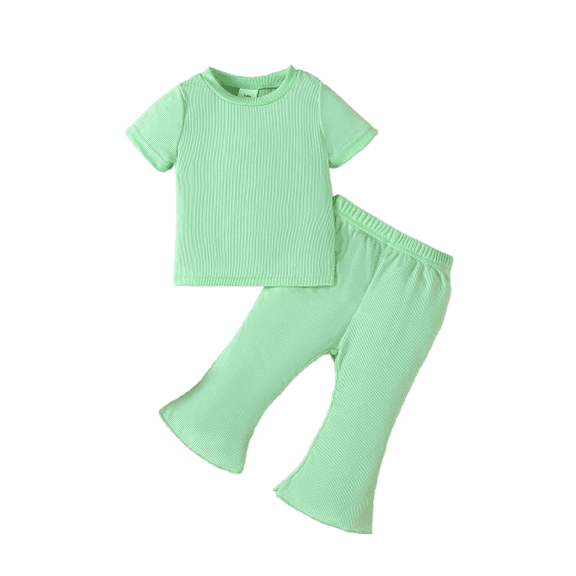 Mikrdoo Toddler Baby Girls Essentials Solid Color Short Sleeve Tops & Flare Pants 2Pcs Casual Cute Clothing From 6m-3y Green