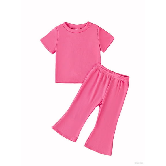 Mikrdoo Toddler Baby Girls Essentials Solid Color Short Sleeve Tops & Flare Pants 2Pcs Casual Cute Clothing From 6m-3y Rose Red
