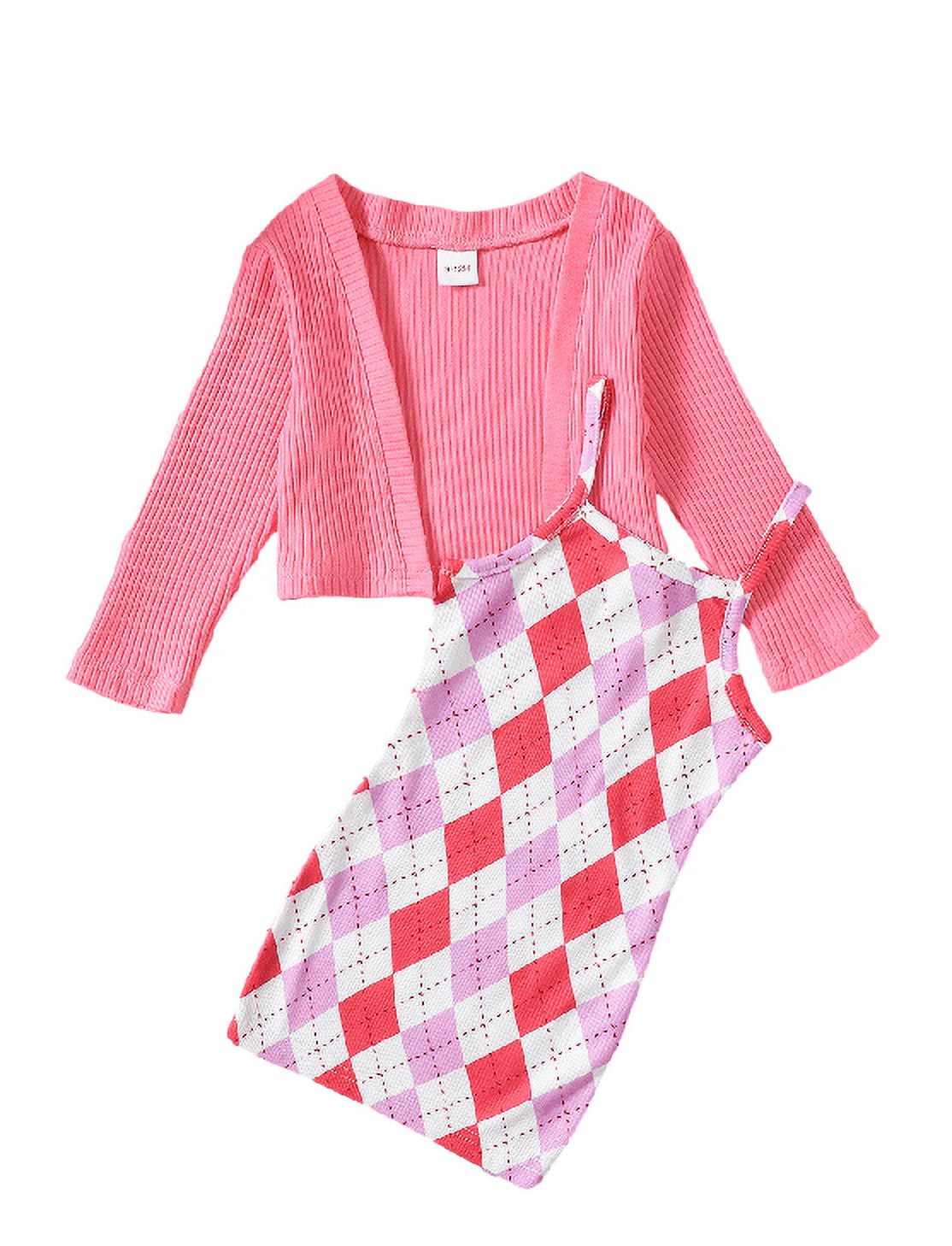 Mikrdoo Toddler Girls Outfits Diamond Check 2 Years Baby Girls Straps Dress 3 Years Girls Cardigan Coat 2Pcs Nice Apparel Clothes Set Pink