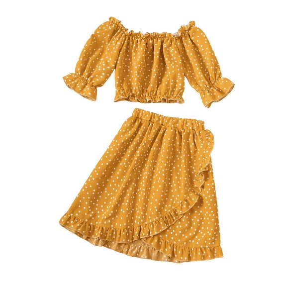 Mikrdoo Toddler Girls Outfits Wave Point 2 Years Baby Girls Pagoda Sleeve Tops Elastic 3 Years Girls Skirts 2Pcs Clothes Set Yellow